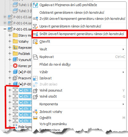 Snížení úrovně členů rámové konstrukce