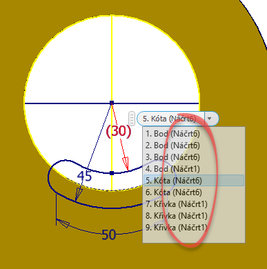 Zobrazení náčrtů v nabídce Vybrat jiné