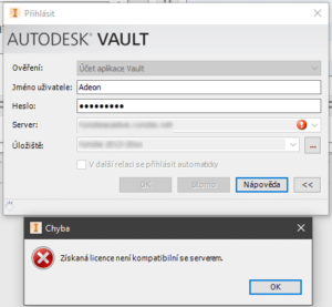 Autodesk Inventor Vault - Získaní licence není kompatibilní se serverem