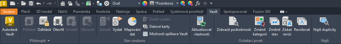 Panel nabídky Vault