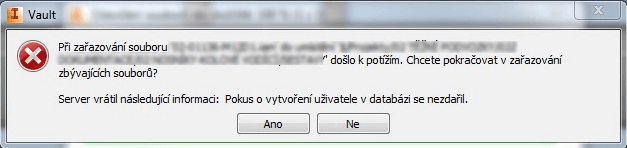 Pokus o vytvoření uživatele v databázi se nezdařil