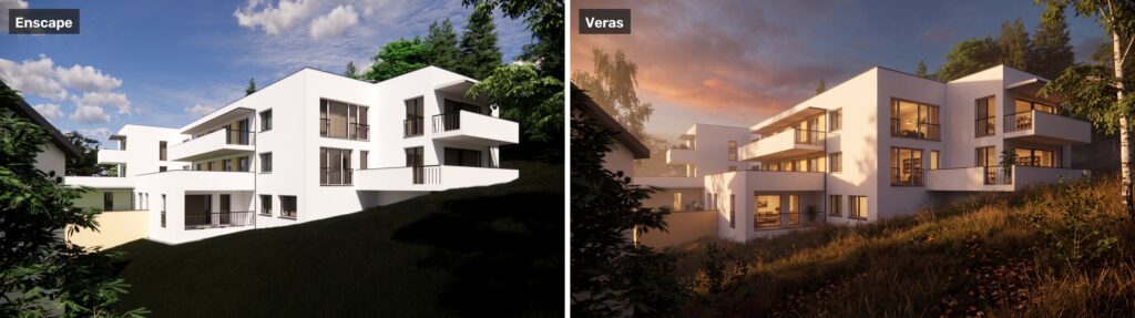 Srovnání renderu z Enscape a výsledku z Verasu